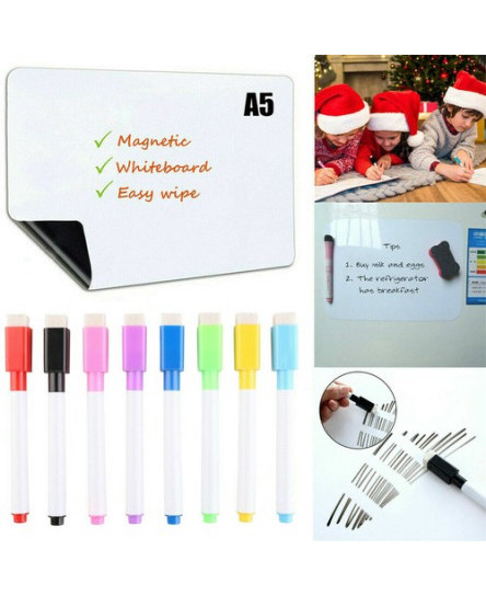 A5 Dry Wipe Magnetic Mini Office Whiteboard Fridge Notice/ 8 Marker Pen Reusable