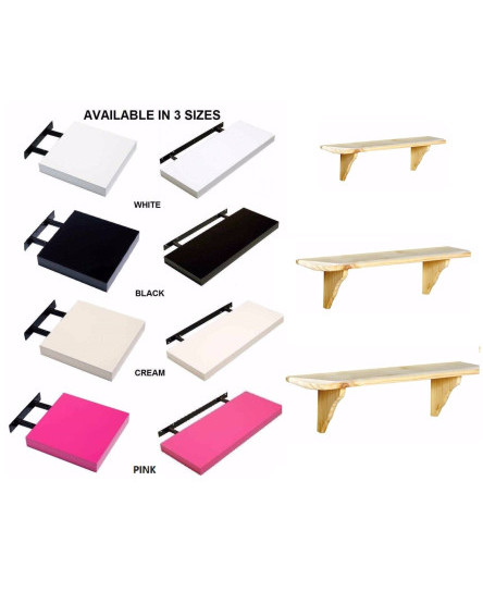 HIGH GLOSS FLOATING WALL MOUNTED SHELF & NATURAL WOOD SHELVES FITTINGS INCLUDED